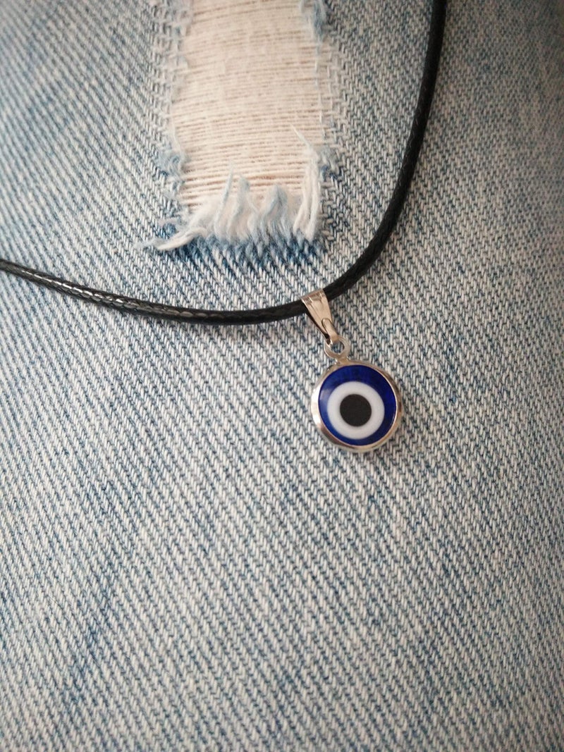RUIZHEN Silver Leather Cord Glass Charm Evil Eye Pendant Necklace Blue Eyes Necklace (2 pieces eye cord) - Image 4